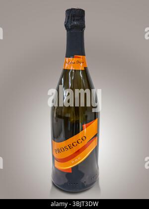Italia - 16 giugno 2025: Prosecco tipico spumante italiano delle colline Veneto e Friuli, bottiglia di Prosecco su sfondo grigio con ritaglio Foto Stock