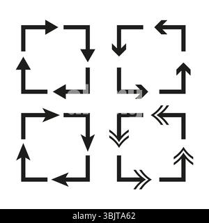 Icona ciclo freccia. Forma direzione di rotazione. Figura del movimento vettoriale. Forma nera circolare. Illustrazione Vettoriale