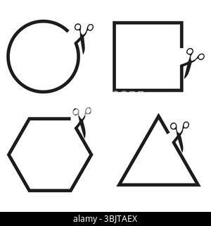 Set di forme di taglio. Cerchio triangolo quadrato. Bordo tratteggiato vettoriale. Icona forma geometrica. Illustrazione Vettoriale