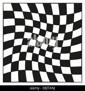 Tessera a scacchiera ondulata. Quadrati bianchi e neri. Ripetizione vettoriale astratta. Forma della griglia distorta. Illustrazione Vettoriale