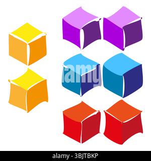 Forme cubiche isometriche. Blocchi 3D luminosi. Personaggi giocattolo colorati. Design divertente vettoriale. Illustrazione Vettoriale