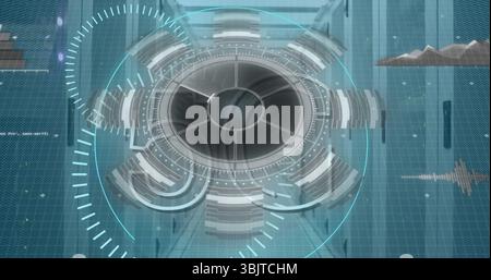 Visualizzazione dell'HUD circolare che mostra barre anelli ciano che si rivolgono ai rack server reticolo nel data center Foto Stock