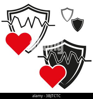 Icone del cuore di scudo. Simboli d'amore medici. Elementi neri e rossi. Forme degli emblemi vettoriali. Illustrazione Vettoriale
