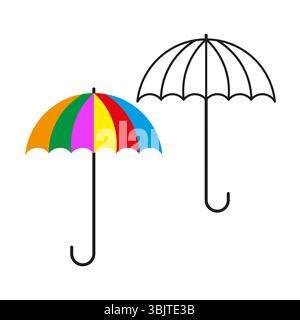 Icona ombrello arcobaleno. Contorno della forma dell'ombrello. Simbolo pioggia vettoriale. Elemento a strisce colorate. Illustrazione Vettoriale