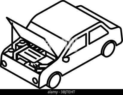 Icona della linea isometrica della berlina con cofano aperto che mostra la manutenzione del motore, in bianco e nero, illustrazione vettoriale Illustrazione Vettoriale