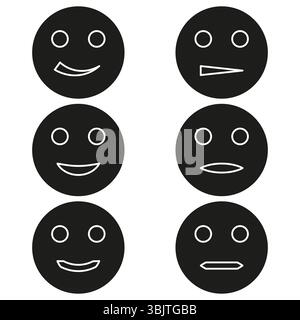 Icone smiley nere. Facce emotive piene. Set Mood Circle. Simboli emoji vettoriali. Illustrazione Vettoriale