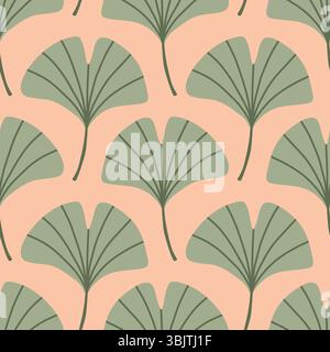 Semplice motivo floreale astratto senza cuciture con foglie autunnali colorate in verde. Le foglie sono disposte in file su uno sfondo rosa, con un'accogliente atmosfera autunnale Illustrazione Vettoriale