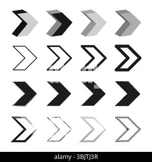 Pacchetto icone freccia. Segnali di direzione vettoriale. Frecce astratte in grassetto. Contrasto bianco e nero. Illustrazione Vettoriale