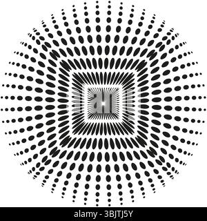 Cerchio a raffica di punti. Fuoco quadrato centrale. Ripetizione radiante vettoriale. Forma astratta monocromatica. Illustrazione Vettoriale