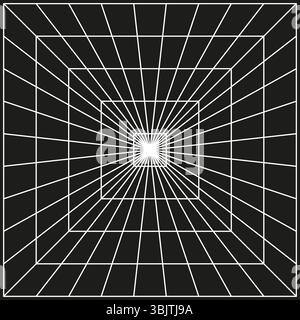 Forma della griglia prospettica. Vista tunnel buio. Profondità geometrica vettoriale. Figura a reticolo nero. Illustrazione Vettoriale