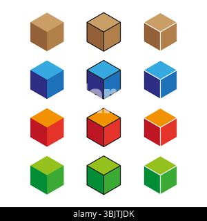 Collezione di cubi colorati. Forme di blocco impilate. Oggetti vettoriali geometrici. Tavolozza luminosa assortita. Illustrazione Vettoriale