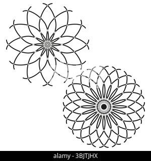 Set geometria petali. Forme floreali astratte. Fiori vettoriali decorativi. Contorni in bianco e nero. Illustrazione Vettoriale