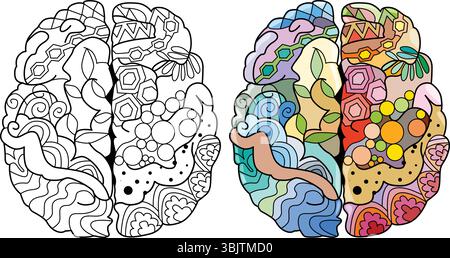 Immagine cerebrale in stile zentangle per la colorazione. Colore e contorno impostati Illustrazione Vettoriale