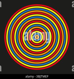 Cerchi concentrici arcobaleno. Suoneria colorata. Design a spirale vettoriale. Geometria circolare brillante. Illustrazione Vettoriale