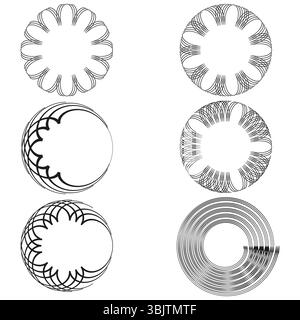 Collezione Gear Shape. Variazione meccanica del profilo. Vettore circolare della ruota dentata. Simbolo dello strumento decorativo. Illustrazione Vettoriale