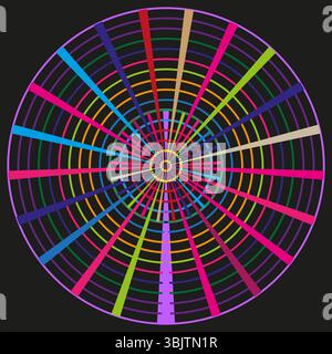 Bersaglio circolare al neon. Griglia blu radiale. Forma vettoriale astratta. Sfondo scuro. Illustrazione Vettoriale