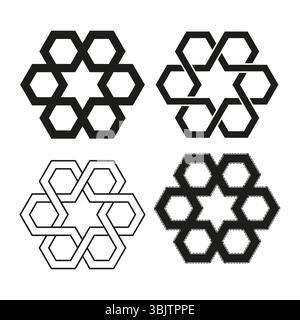 Icone di fiori esagonali. Simboli geometrici a nido d'ape. Cluster di forma modulare. Schema esagonale vettoriale. Illustrazione Vettoriale