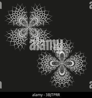 Design Mandala bianco. Ornamento simmetrico rotondo. Dettaglio fiore vettoriale. Arte su sfondo nero. Illustrazione Vettoriale