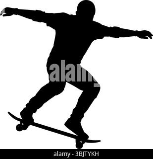 Silhouette da skateboarder che esegue trick a mezz'aria con braccia allungate che mostrano abilità e controllo su uno skateboard Illustrazione Vettoriale