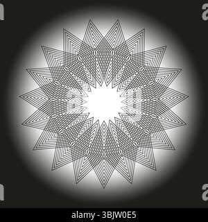 Forma radiosa a stella. Luce centrale brillante. Vettore di simmetria geometrica. Sfondo a contrasto scuro. Illustrazione Vettoriale
