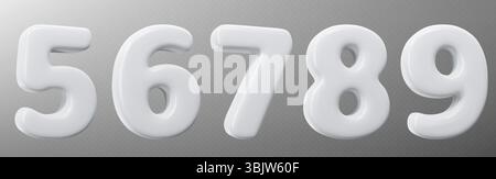 Raccolta di numeri 3d bianchi con bordi arrotondati e uniformi su sfondo grigio. Cifre gonfiate in moderno stile volumetrico per biglietti di compleanno o anniversario o materiale didattico dal design minimalista. Illustrazione Vettoriale