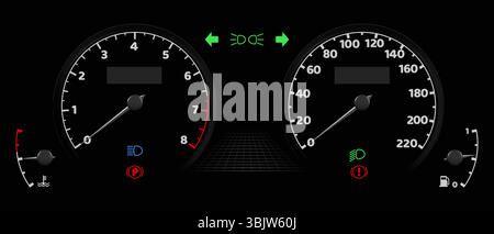 Interfaccia tachimetro cruscotto auto con indicatori luminosi che mostrano i numeri di velocità, quadrante contagiri, indicatore serbatoio carburante su sfondo nero per il design del display automobilistico del quadro strumenti del veicolo. Illustrazione Vettoriale