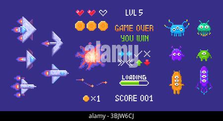 Elementi di gioco pixel invadenti nello spazio: Risorse arcade retrò con astronavi, creature aliene, cuori della salute, monete e testo dell'interfaccia utente. Grafica classica a 8 bit con effetti di esplosione, barra di carico e visualizzazione del punteggio. Illustrazione Vettoriale