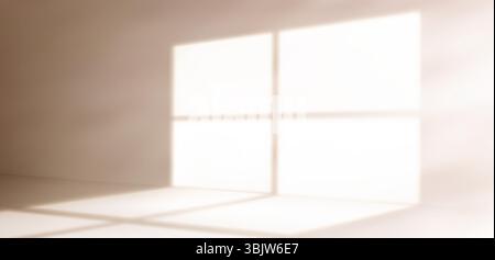 Tenue ombre delle finestre sulle pareti - luce naturale del sole che diffonde un motivo geometrico attraverso i pannelli di vetro. Interni minimalisti con calda luce soffusa per l'arredamento della casa, l'esposizione dei prodotti o il concetto di spazio tranquillo. Illustrazione Vettoriale