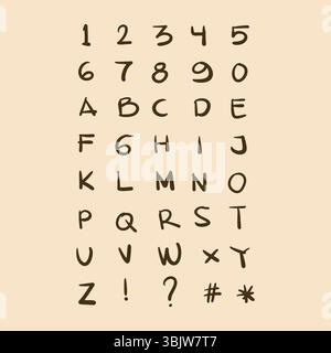 Lettere maiuscole, numeri e simboli in un divertente stile marrone scritto a mano Illustrazione Vettoriale