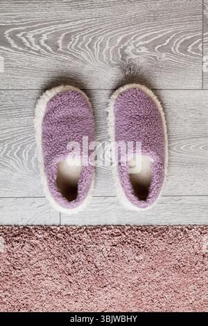 Coppia di pantofole viola che poggiano su pavimento in legno, completate da un morbido tappeto rosa, evocano un senso di comfort, calore e relax duraturo Foto Stock