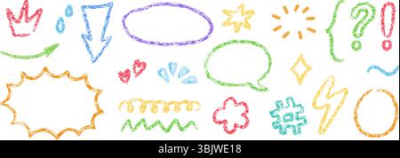 Set di elementi per scarabocchi per pastelli. Bolle di voce disegnate a mano, stella, nuvola. Sottolineatura a matita colorata, freccia, disegno scintilla. Hashtag stile gesso doodle bambini e. Illustrazione Vettoriale
