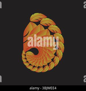 Una vivace arte digitale astratta di elementi simili a piume o foglie di arancio dorato che formano un design organico vorticoso su sfondo nero, S Illustrazione Vettoriale