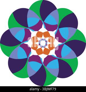 Un vivace e intricato design di mandala circolare astratto con più strati di forme colorate sovrapposte in verde, viola, blu e arancione, Illustrazione Vettoriale