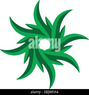 Un design circolare astratto simmetrico complesso e dinamico con forme a foglia verde interconnesse con ombreggiatura gradiente, che crea un vortice Illustrazione Vettoriale