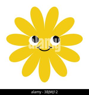Fiore stravagante con occhi felici ed espressioni giocose. Iconica miscela di emoji di cartoni animati e arte floreale Illustrazione Vettoriale