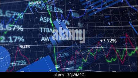 Visualizzazione dei dati di tracciamento del grafico a barre 3D blu traslucido sul dashboard di trading con grafici a linee verdi rosse Foto Stock