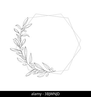 Cornice geometrica ottagonale con Twig verde di oliva disegnato a mano isolato su sfondo bianco. Cornice realizzata in Olive Twigs con spazio copia. Illustrazione Vettoriale