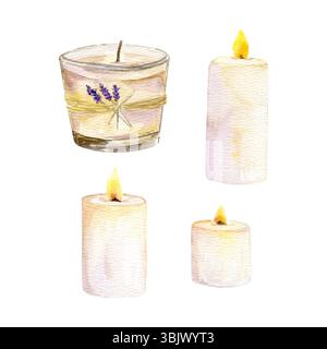 Set di illustrazioni ad acquerello disegnato a mano con diverse candele e una candela con lavanda Foto Stock