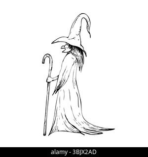Vettoriale halloween che cammina vecchia strega malvagia con stampella e cappello. Illustrazione del cappuccio della procedura guidata lineare dipinto a mano. Schizzo grafico monocromatico isolato su Illustrazione Vettoriale
