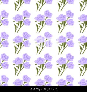 Motivo floreale senza cuciture con tre fiori lilla e steli verdi. Stile piatto, tavolozza di colori delicati, isolato su sfondo bianco. Illustrazione Vettoriale