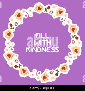 Corona floreale cartoni animati con cuori, rose, caramelle e lettere disposte in cerchio. Illustrazione in stile piatto in tonalità pastello su sfondo viola Illustrazione Vettoriale