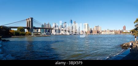 Vista panoramica sul fiume est del ponte di Brooklyn e sullo skyline di New York dal lungomare di brooklyn in una giornata limpida e soleggiata Foto Stock