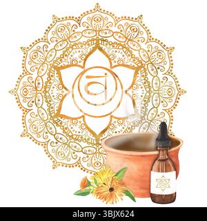 Pentola di argilla acquerello con infusione di erbe calde e fiala di vetro con olio essenziale, fiori di calendula e foglie verdi. Chakra SVA sacrale di colore arancio dorato Foto Stock