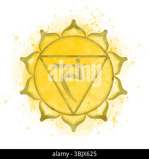 Solar Plexus chakra Manipura su colore giallo acquerello con simbolo sanscrito al centro. Clipart di guarigione energetica. Cultura indiana. Illustratore disegnato a mano Foto Stock