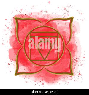 Chakra Muladhara Golden Root su sfondo rosso ad acquerello con schizzi e simbolo sanscrito al centro. Cultura indiana. Clipart del bilancio energetico. Han Foto Stock