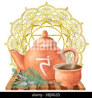 Composizione acquerello della teiera di terracotta con chakra del plesso solare, una pentola con infusione di erbe. Mandala giallo dorato con Manipura chakra. Ayurveda Foto Stock