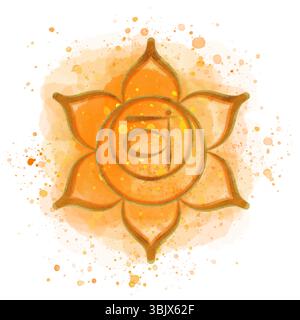 Chakra Svadhisthana sacrale dorata su sfondo arancione acquerello e simbolo sanscrito al centro. Equilibrio energetico. Illustrazione disegnata a mano per il coperchio Foto Stock