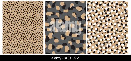 Motivi vettoriali senza cuciture in pelle di stampa leopardata astratta.macchie irregolari bianche, marroni e nere su sfondi grigi e oro. Stampa astratta della pelle di animali selvatici. Illustrazione Vettoriale