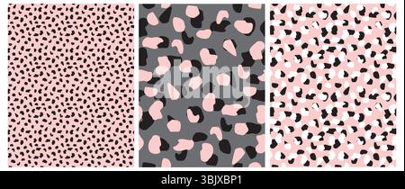 Motivi vettoriali senza cuciture in pelle leopardata astratta. Macchie irregolari bianche, rosa e nere su sfondi grigi e rosa. Stampa astratta della pelle di animali selvatici. Illustrazione Vettoriale