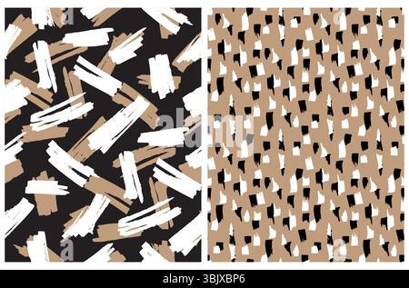 Strisce di pennello disegnate a mano astratte motivi vettoriali. Macchie nere, marroni e bianche su sfondo nero e marrone chiaro. Stampa astratta della pelle di stampa leopardata. Illustrazione Vettoriale